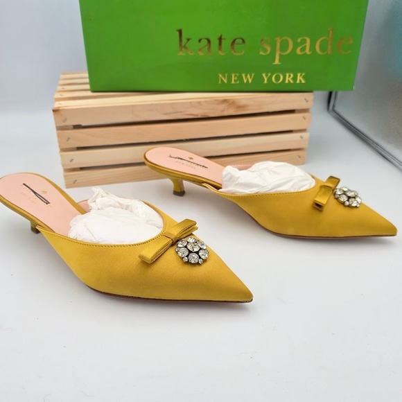 Kate Spade Darlene Mules Women 7 Yellow Satin Crystal Bow Kitten Heel Slides - Picture 2 of 6